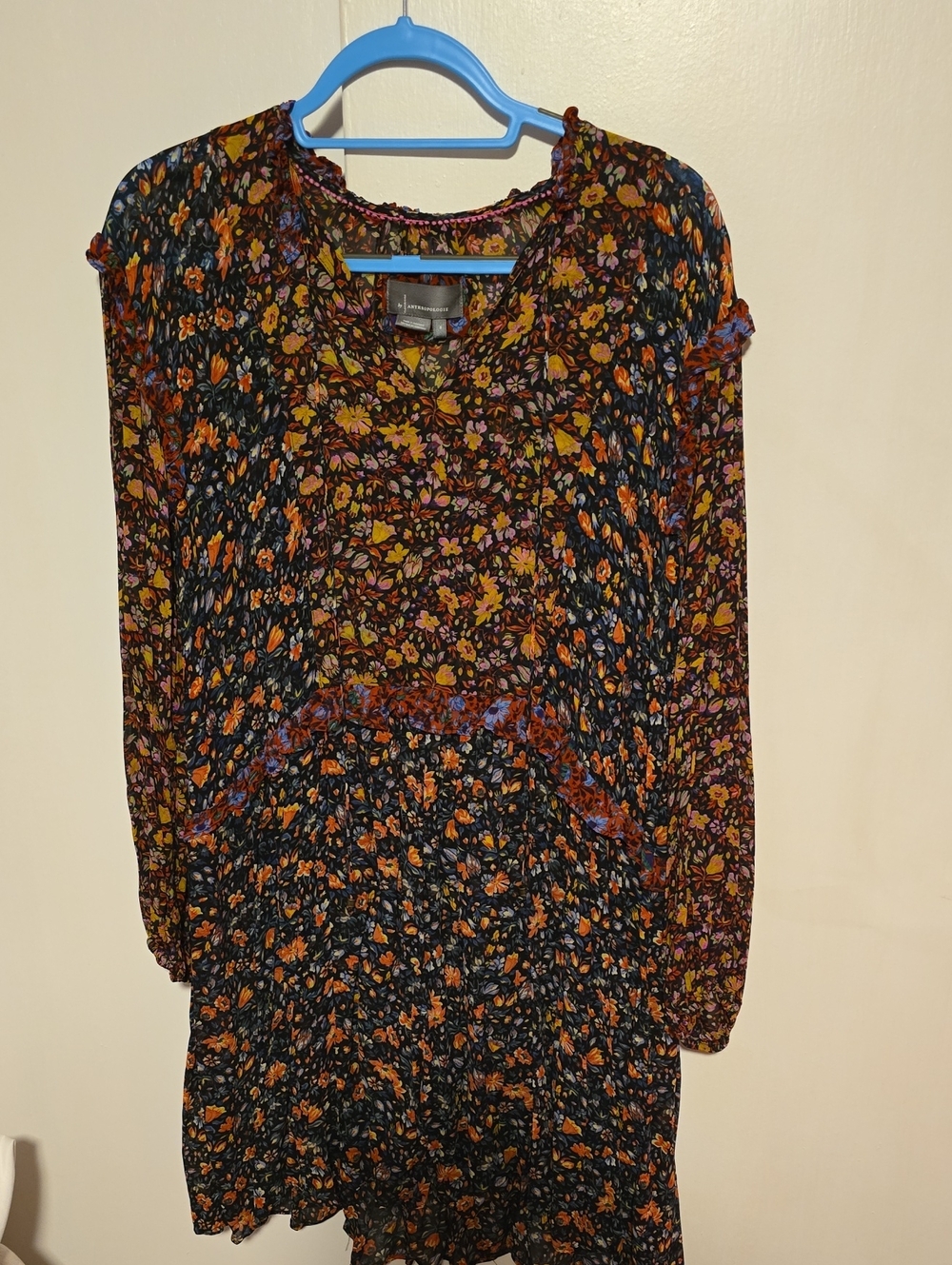Anthropologie Black Multi Floral V-Neck Long Sleeve Tunic